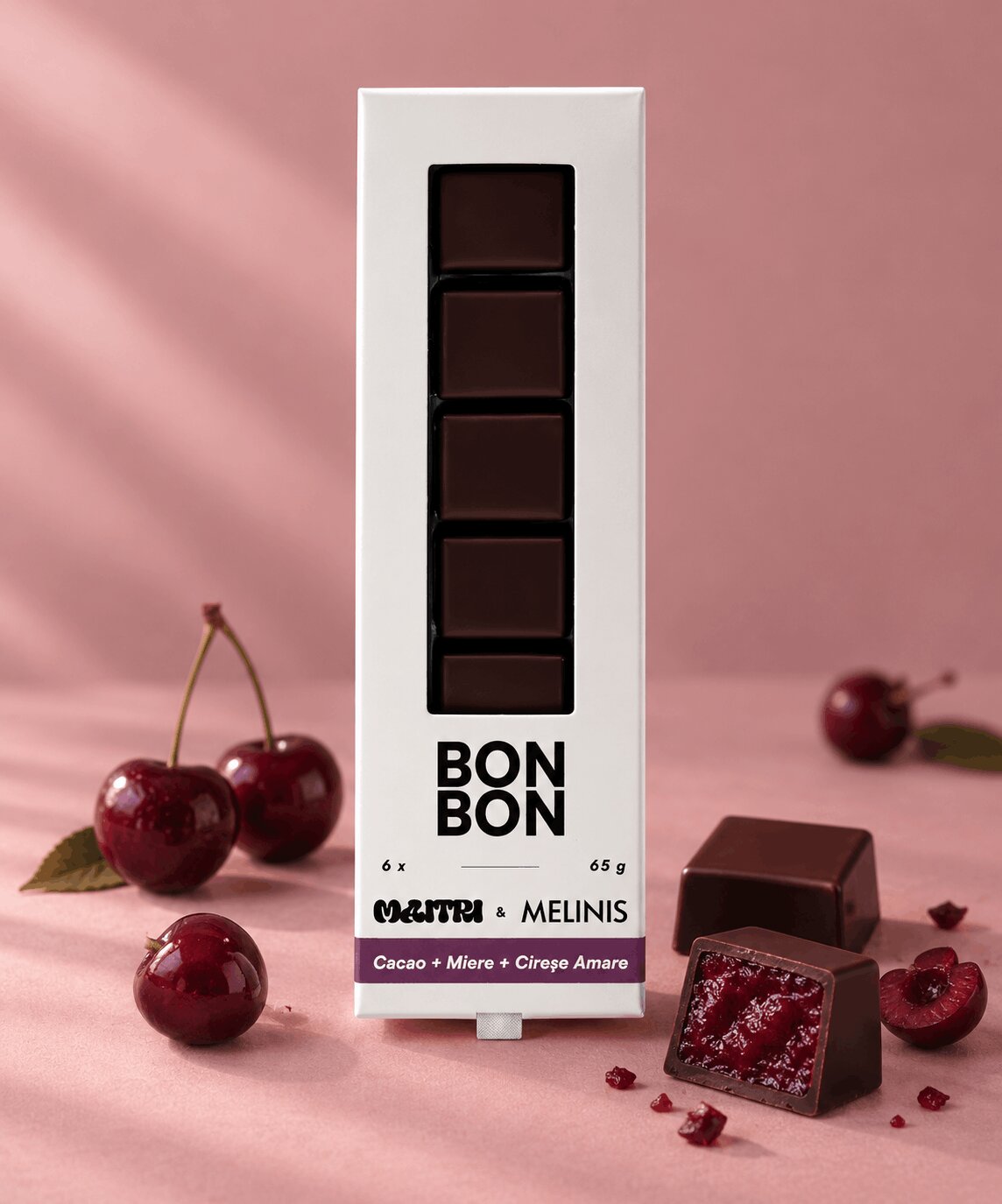 BonBon cu Ciocolată Bean-to-Bar și Miez de Melinis de cireșe amare, cutie 6 bucăți