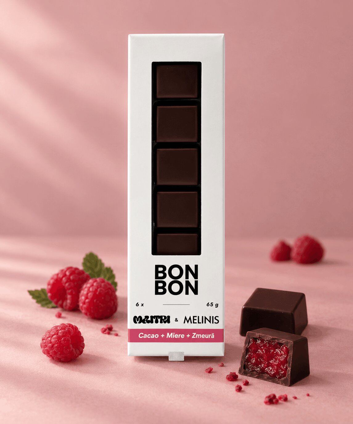 BonBon cu Ciocolată Bean-to-Bar și Miez de Melinis de zmeură, cutie 6 bucăți