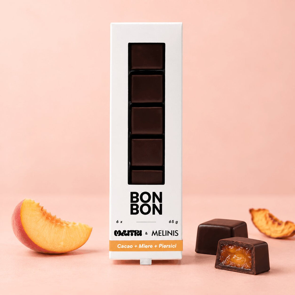 BonBon cu Ciocolată Bean-to-Bar și Miez de Melinis de piersici, cutie 6 bucăți