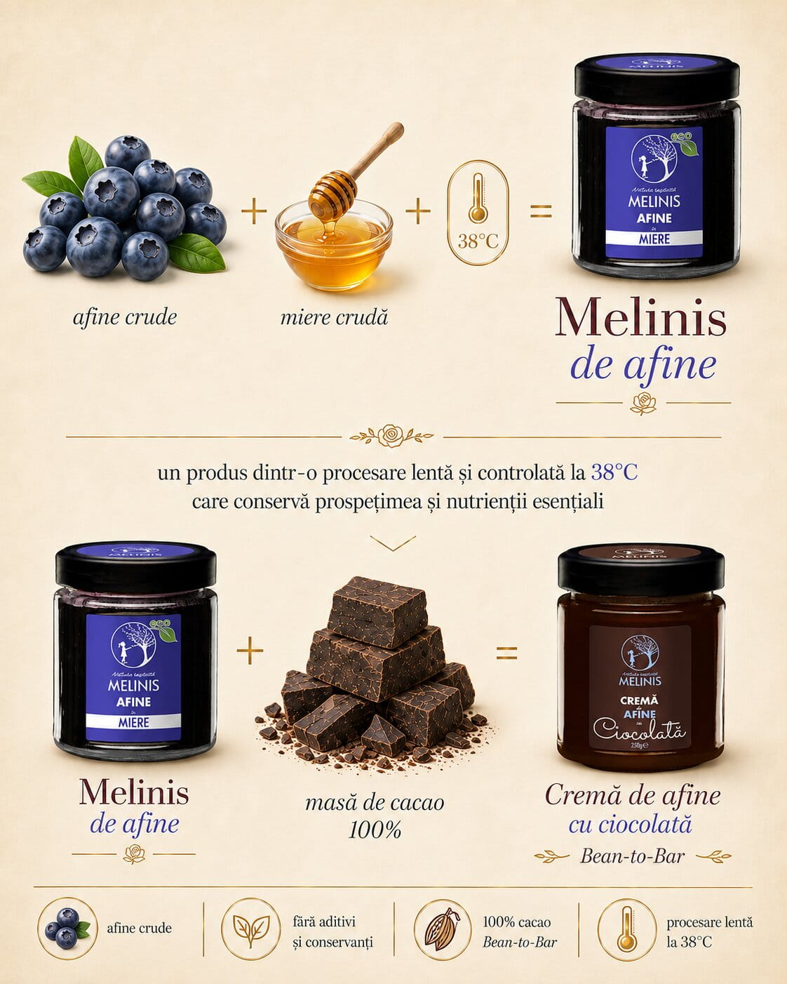 Melinis Afine cu Ciocolată Bean-to-Bar - Cremă tartinabilă din miere crudă, afine sălbatice ecologice și ciocolată 100% cacao