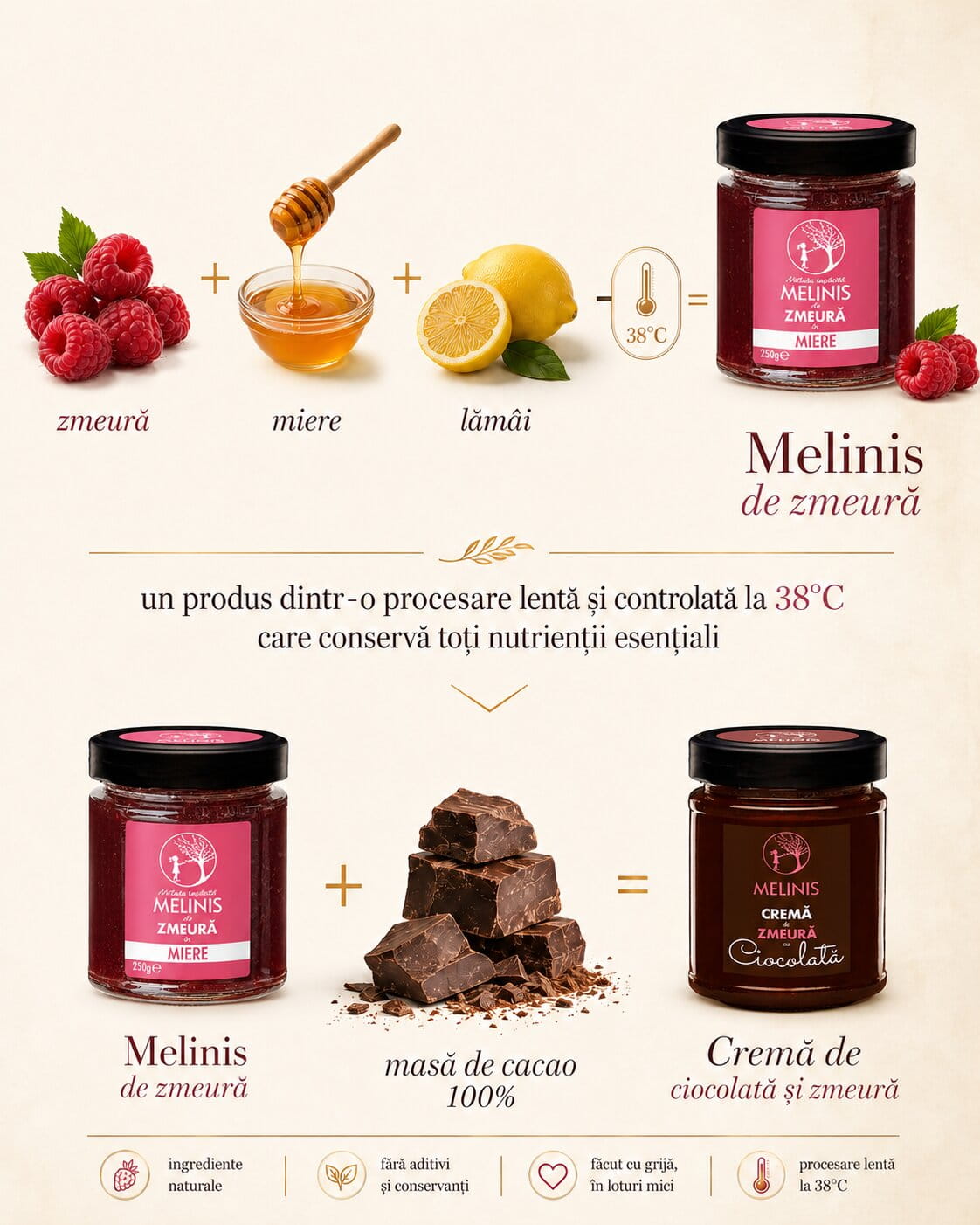Melinis Zmeură cu Ciocolată Bean-to-Bar – Cremă tartinabilă din miere crudă, zmeură crudă și ciocolată 100% cacao, 250g