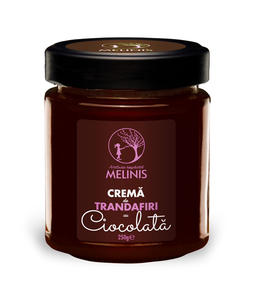 Melinis Trandafir cu Ciocolată Bean-to-Bar – Cremă tartinabilă din miere crudă, petale crude de trandafir de Damasc și ciocolată 100% cacao, 250g