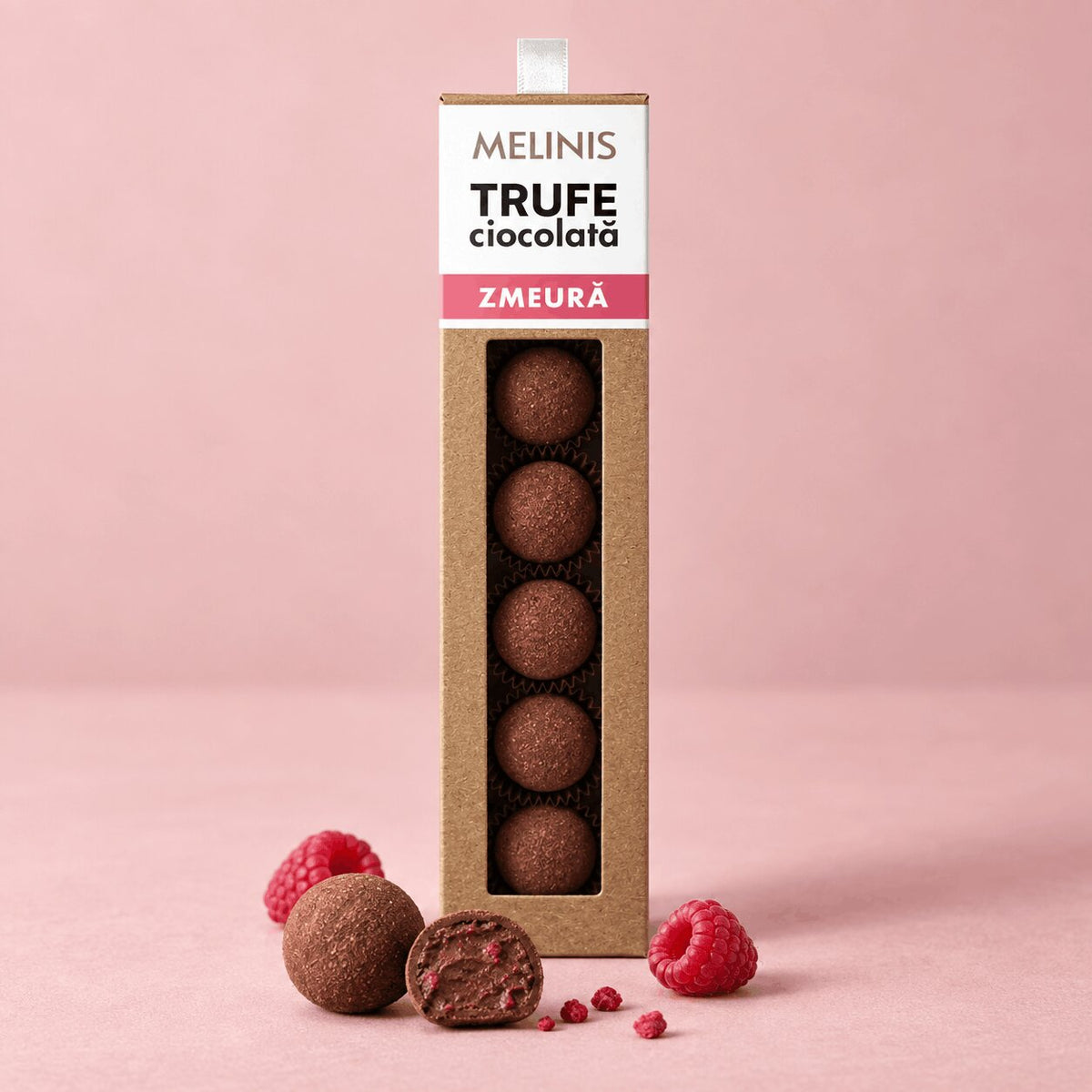 Melinis Trufe de Zmeură și Ciocolată – Trufe din miere de salcâm, zmeură și ciocolată neagră bean-to-bar 100% cacao, 50g