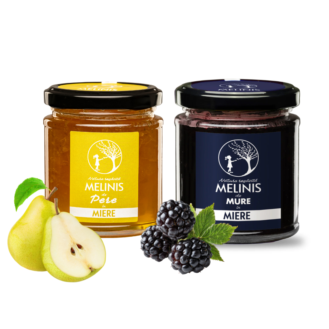 Pachet: Melinis delicat de pere + Melinis cu Mure – Miere de Salcâm cu Mure Crude, Artizanal