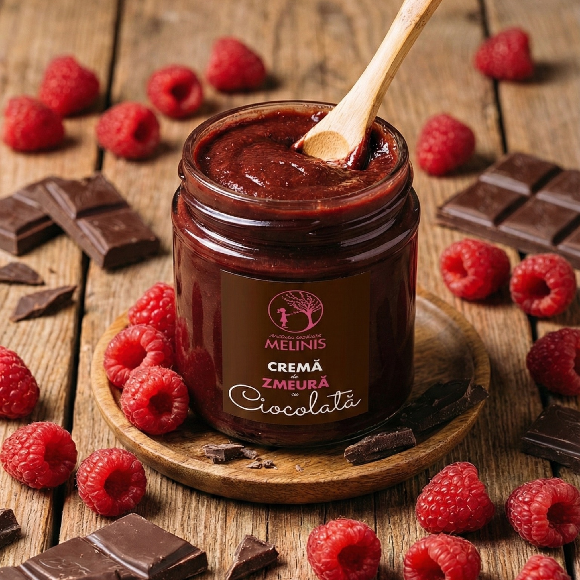 Melinis Zmeură cu Ciocolată Bean-to-Bar – Cremă tartinabilă din miere crudă, zmeură crudă și ciocolată 100% cacao, 250g