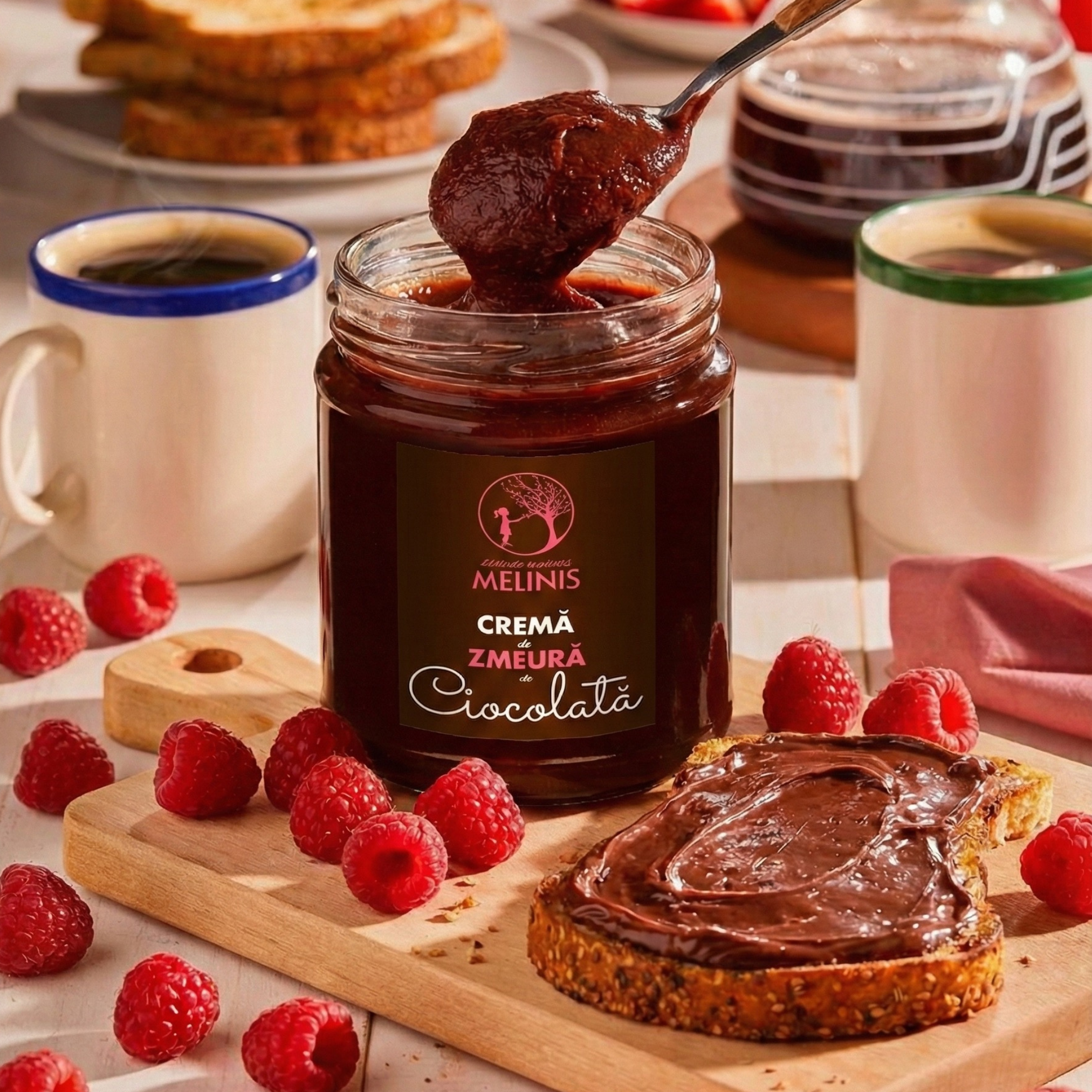 Melinis Zmeură cu Ciocolată Bean-to-Bar – Cremă tartinabilă din miere crudă, zmeură crudă și ciocolată 100% cacao, 250g