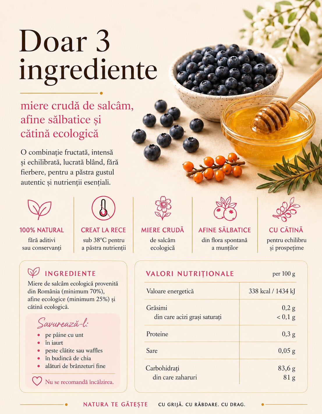 Melinis cu Afine Sălbatice - Miere de Salcâm cu Afine din Munții României, Ecologic, Bio, 250 gr
