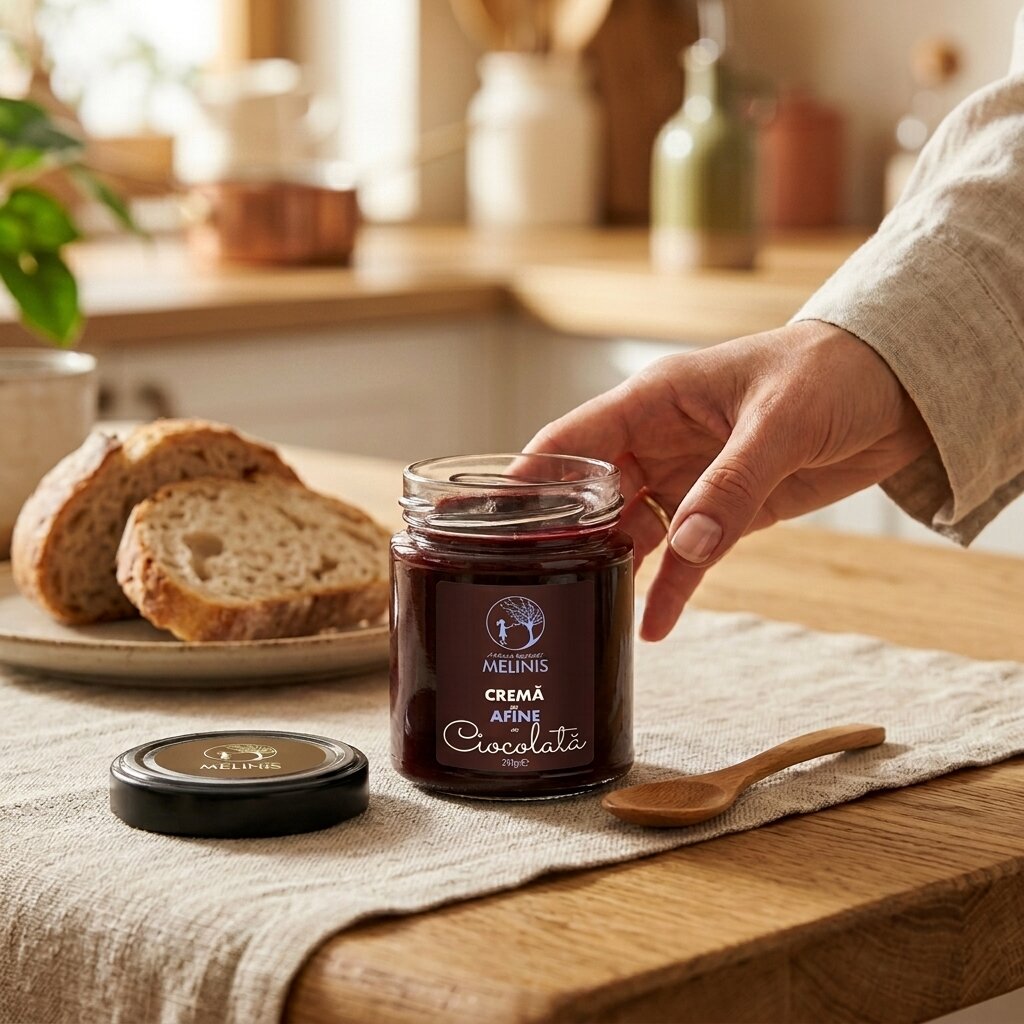 Melinis Afine cu Ciocolată Bean-to-Bar - Cremă tartinabilă din miere crudă, afine sălbatice ecologice și ciocolată 100% cacao