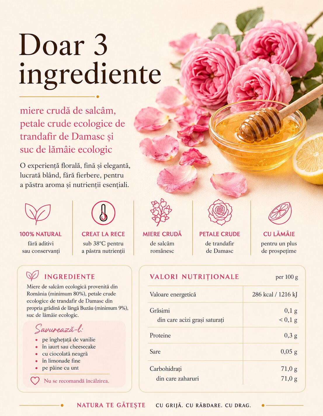 Melinis cu Trandafir de Damasc - Miere de Salcâm cu Petale de Trandafir, eco, 250g