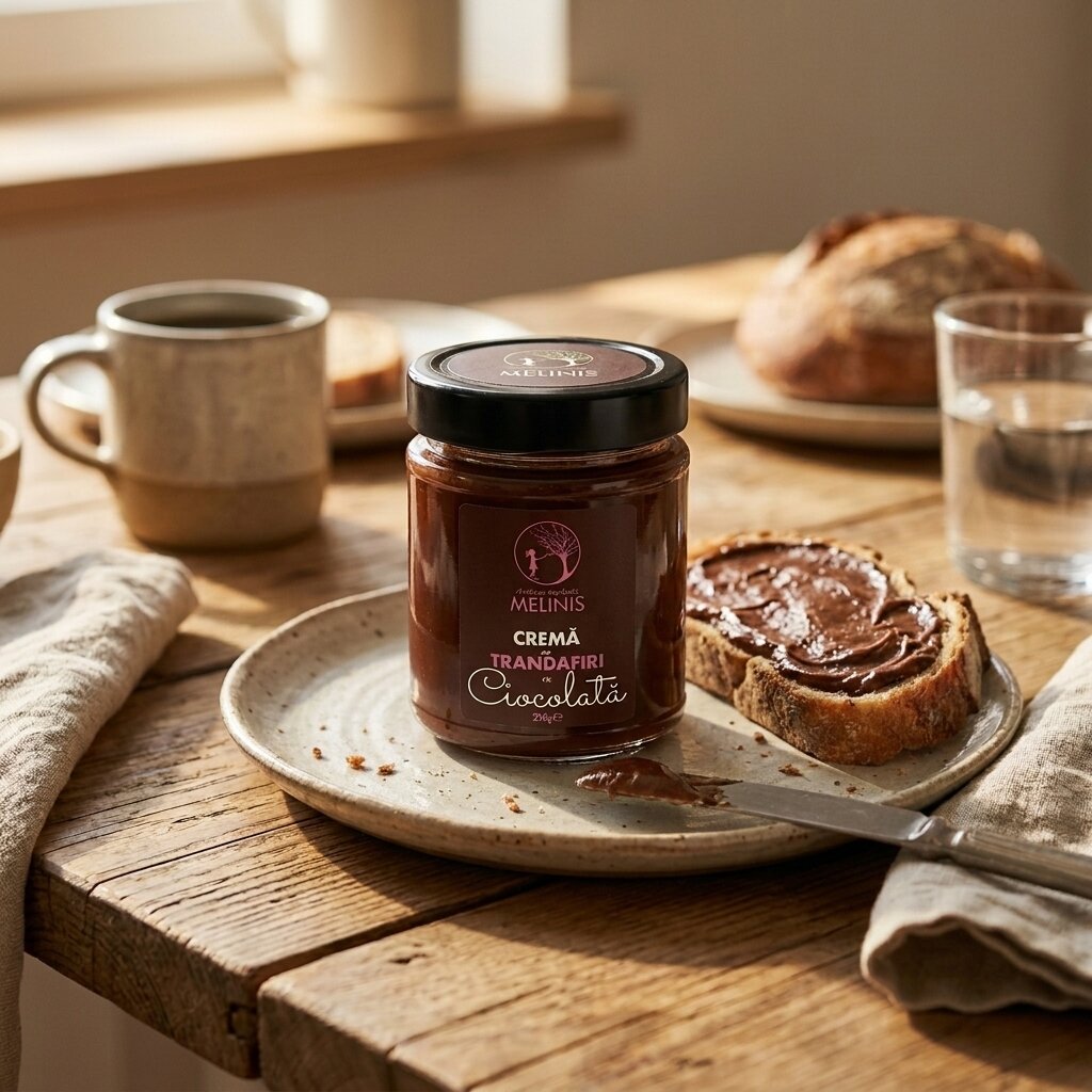 Melinis Trandafir cu Ciocolată Bean-to-Bar – Cremă tartinabilă din miere crudă, petale crude de trandafir de Damasc și ciocolată 100% cacao, 250g