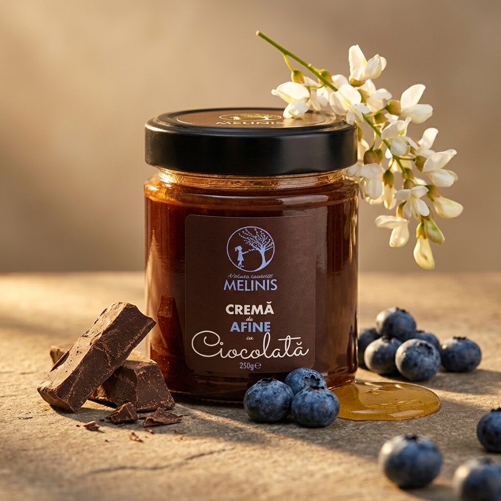 Melinis Afine cu Ciocolată Bean-to-Bar - Cremă tartinabilă din miere crudă, afine sălbatice ecologice și ciocolată 100% cacao