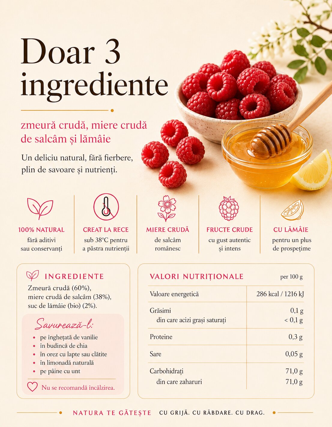 Melinis de Zmeură - Miere de salcâm cu zmeură românească, artizanal, 250 g