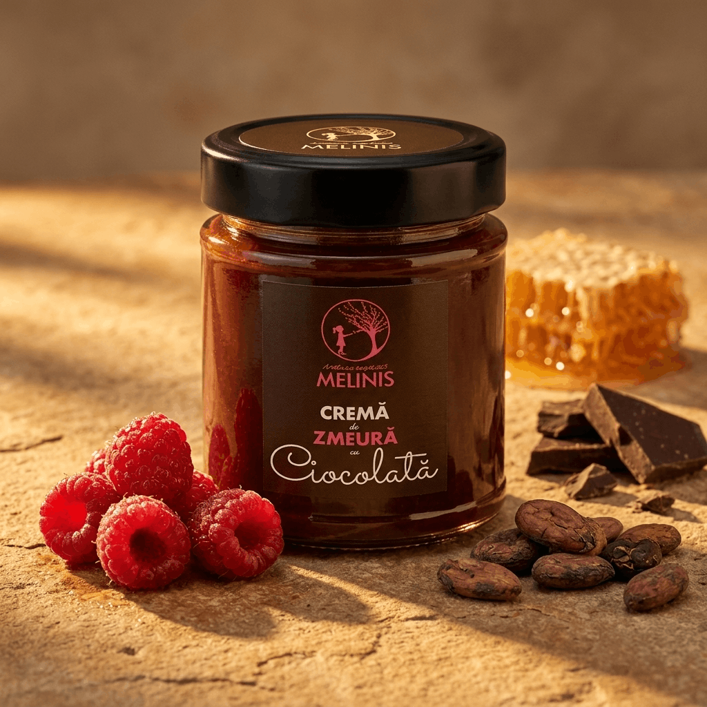 Melinis Zmeură cu Ciocolată Bean-to-Bar – Cremă tartinabilă din miere crudă, zmeură crudă și ciocolată 100% cacao, 250g