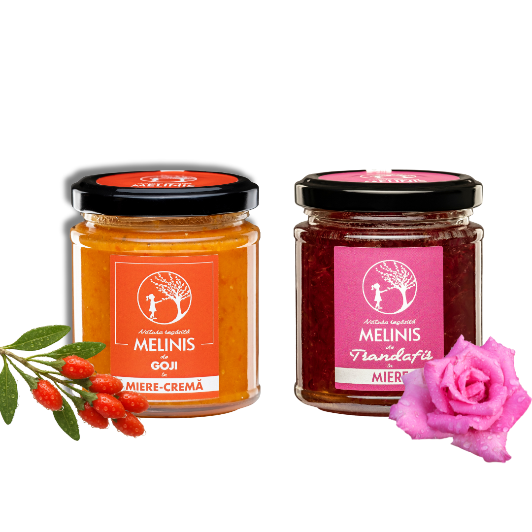 Pachet: Melinis ECO cremă de goji - 230g + Melinis cu Trandafir de Damasc - Miere de Salcâm cu Petale Ecologice de Trandafir din Grădina Noastră, 230g