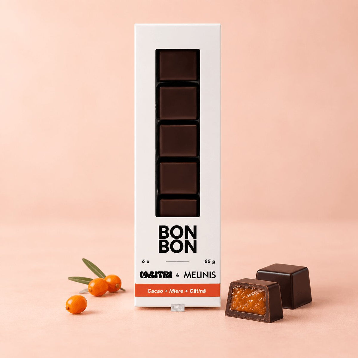 BonBon cu Ciocolată Bean-to-Bar și Miez de Melinis de cătină, cutie 6 bucăți