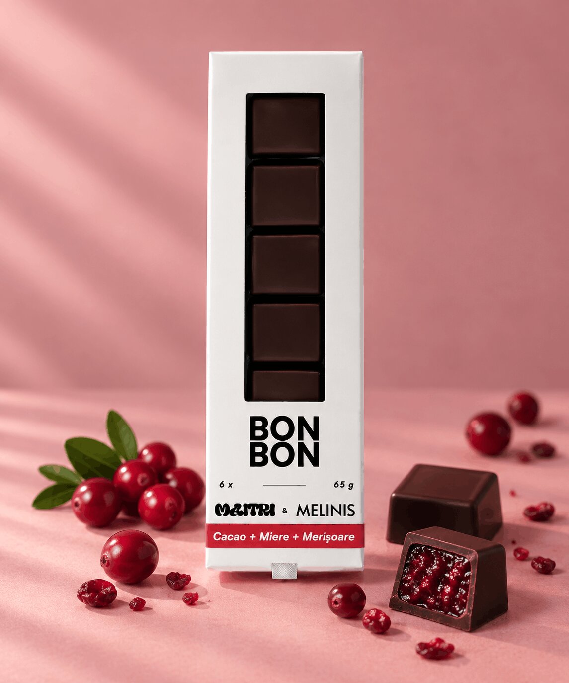 BonBon cu Ciocolată Bean-to-Bar și Miez de Melinis de merișoare, cutie 6 bucăți