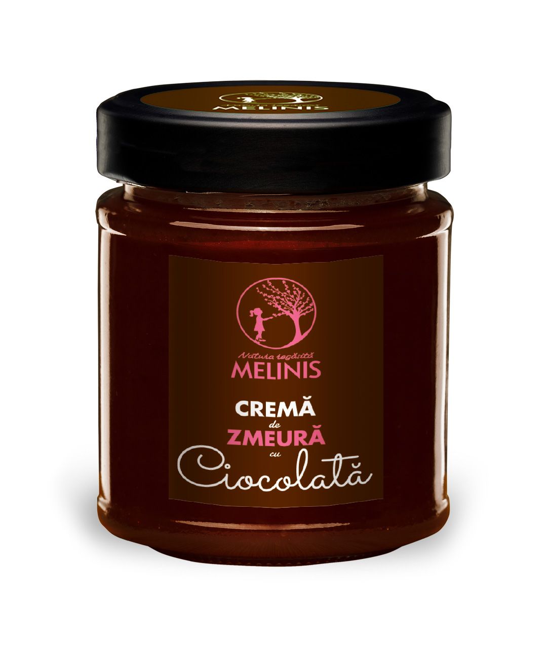 Melinis Zmeură cu Ciocolată Bean-to-Bar – Cremă tartinabilă din miere crudă, zmeură crudă și ciocolată 100% cacao, 250g