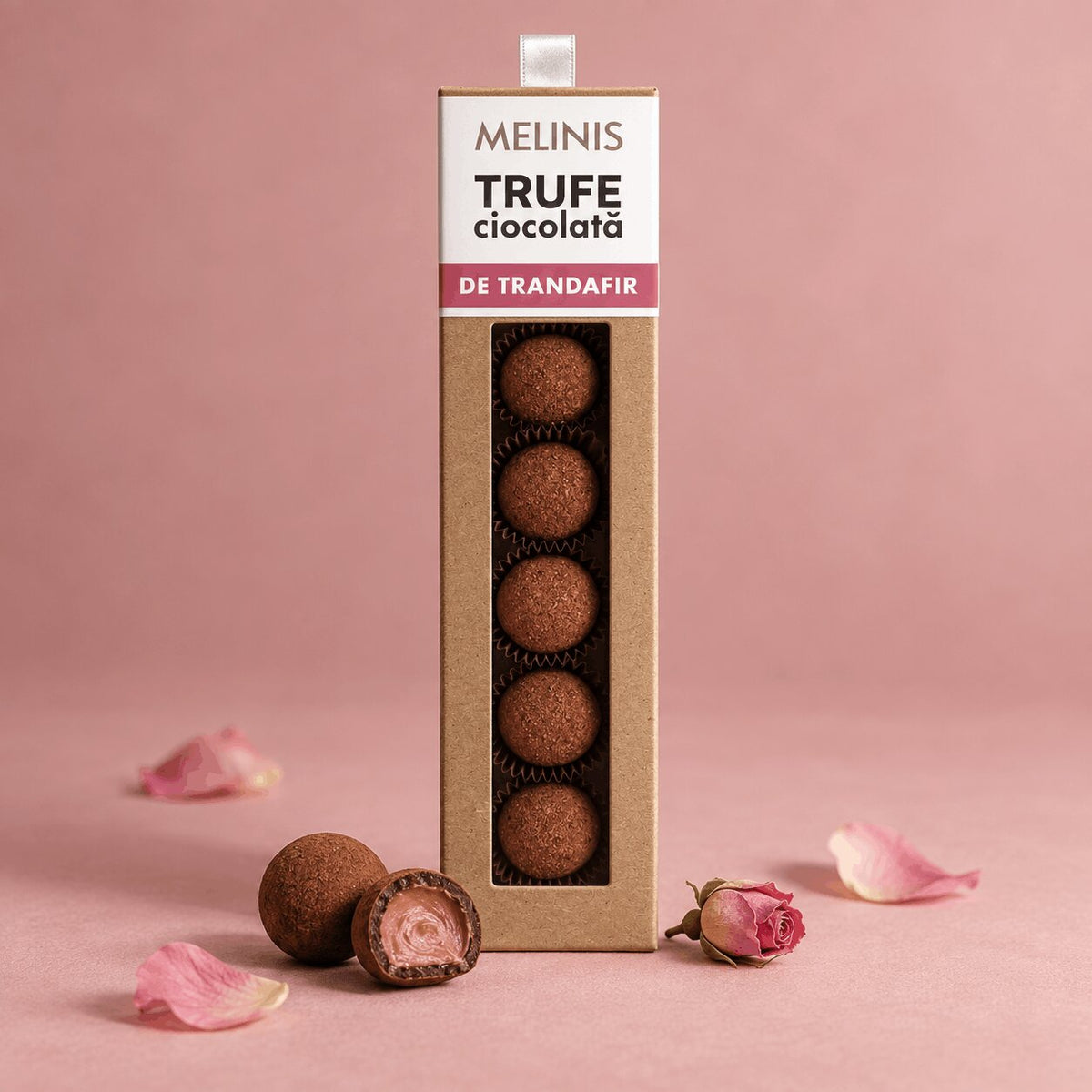 Melinis Trufe de Trandafir și Ciocolată – Trufe din miere de salcâm, petale de trandafir și ciocolată neagră bean-to-bar 100% cacao, 50g