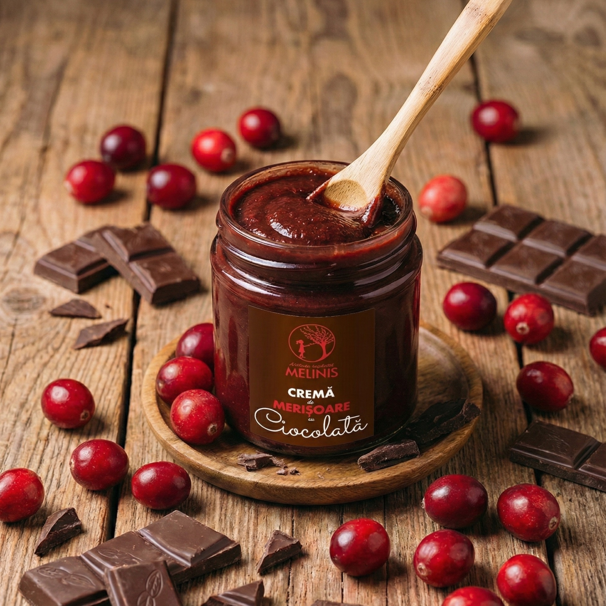 Melinis Merișoare cu Ciocolată Bean-to-Bar – Cremă tartinabilă din miere crudă, merișoare crude și ciocolată 100% cacao, 250g