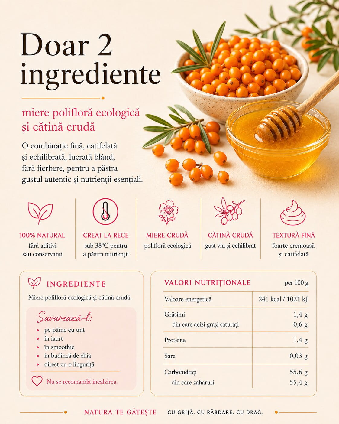 Melinis de Cătină Cremă - Miere polifloră ecologică cu cătină crudă, foarte fină și catifelată, eco, 250 g